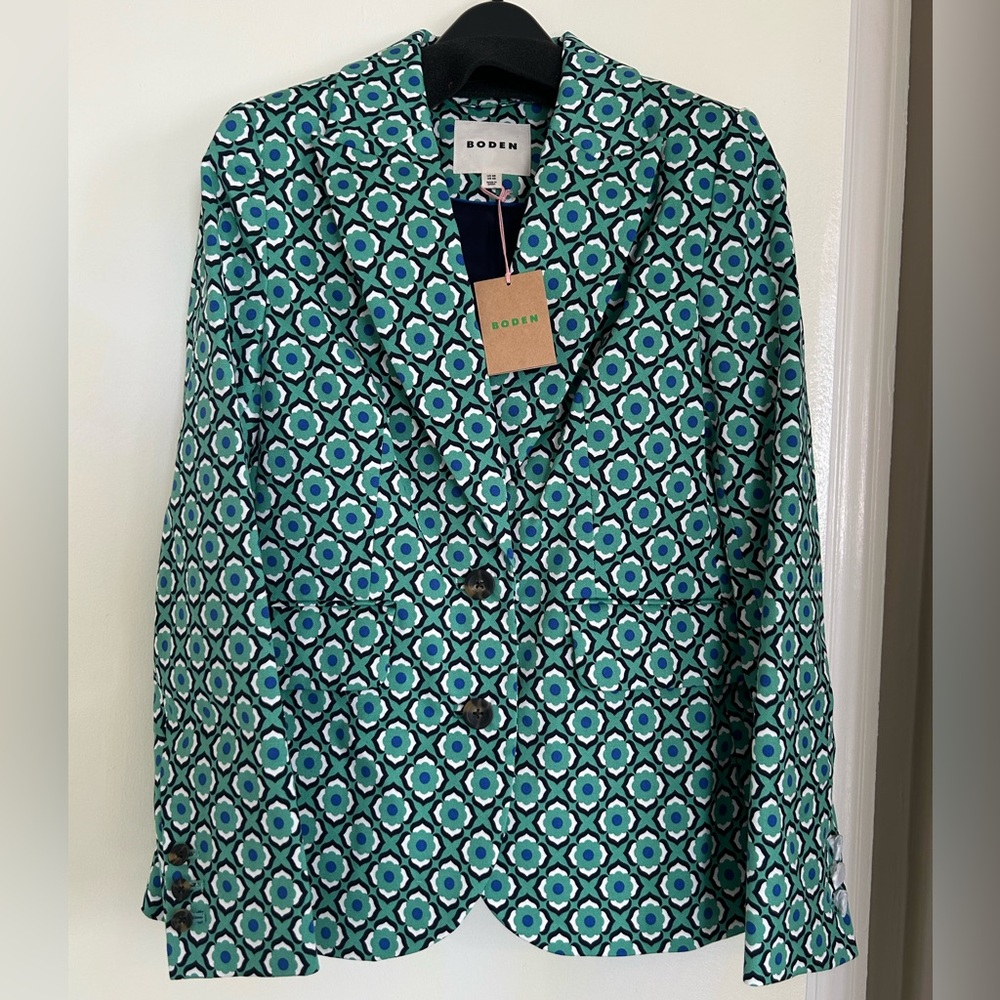 NWT Boden Marylebone Bi-Stretch Blazer in a green geo pome